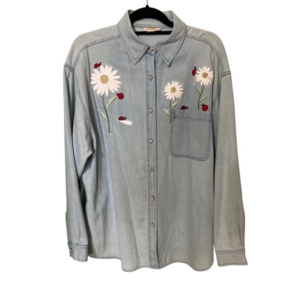 Tia Designs Tops - Daisy & Ladybug Embroidered Button-Down Shirt XL Novelty Cottagecore